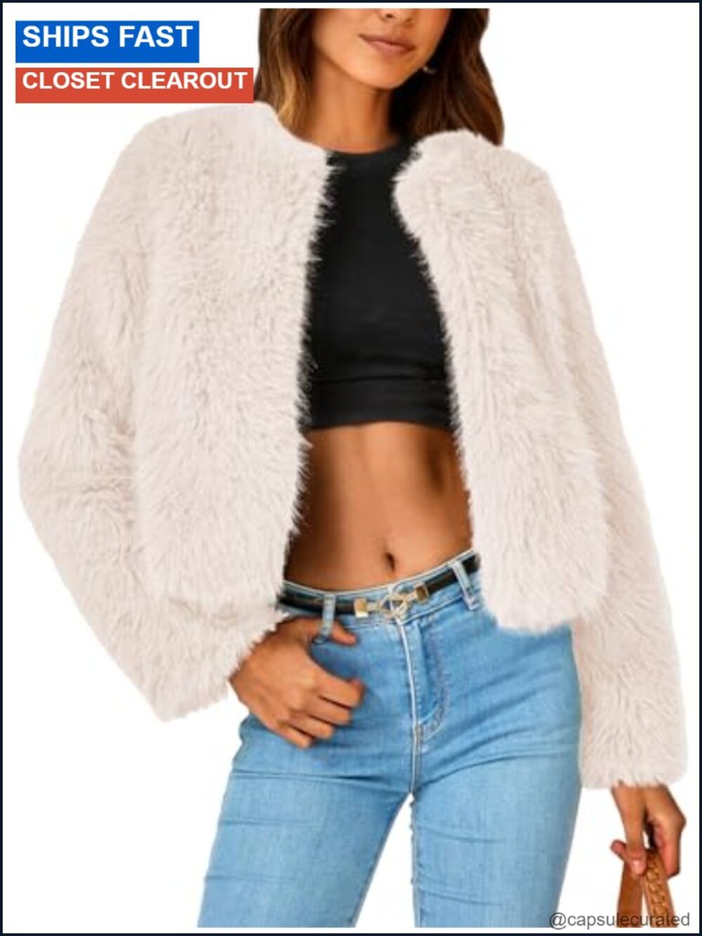 Women's Cropped Faux Fur Coat Winter Open Front Jacket Soft Fluffy